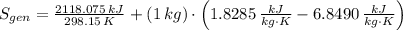 S_{gen} = \frac{2118.075\,kJ}{298.15\,K} + (1\,kg)\cdot \left(1.8285\,\frac{kJ}{kg\cdot K}-6.8490\,\frac{kJ}{kg\cdot K}  \right)