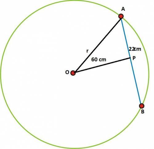 1. A chord is 22 cm long. It is 60 cm from the center of the circle. What is the radius of the circl