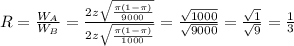 R = \frac{W_{A}}{W_{B}} = \frac{2z\sqrt{\frac{\pi(1-\pi)}{9000}}}{2z\sqrt{\frac{\pi(1-\pi)}{1000}}} = \frac{\sqrt{1000}}{\sqrt{9000}} = \frac{\sqrt{1}}{\sqrt{9}} = \frac{1}{3}