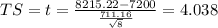 TS= t=\frac{8215.22-7200}{\frac{711.16}{\sqrt{8}}}=4.038