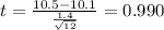 t=\frac{10.5-10.1}{\frac{1.4}{\sqrt{12}}}=0.990