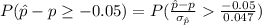 P(\hat p-p\geq -0.05)=P(\frac{\hat p-p}{\sigma_{\hat p}}\frac{-0.05}{0.047})