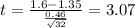 t=\frac{1.6-1.35}{\frac{0.46}{\sqrt{32}}}=3.07