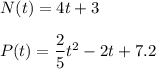 N(t)=4t+3\\\\P(t)=\dfrac{2}{5}t^2-2t+7.2