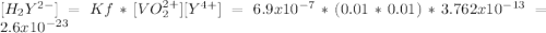 [H_{2} Y^{2-} ]=Kf*[VO_{2}  ^{2+} ][Y^{4+} ]=6.9x10^{-7} *(0.01*0.01)*3.762x10^{-13} =2.6x10^{-23}