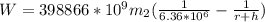 W = 398866 * 10^{9}  m_{2}(\frac{1}{6.36*10^{6} } - \frac{1}{r+h} )
