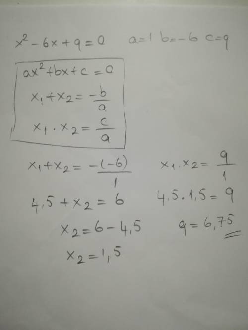 One of the roots of the equation x^2−6x+q=0 is 4.5. Find the other root and the value of the coeffic