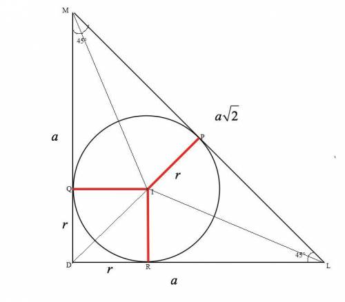 Given:  Triangle MDL Circle O is inscribed in triangle m∠M=m∠L=45° MD = 10 Find: the radius of the c
