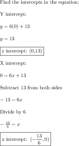 \text{Find the intercepts in the equation:}\\\\\text{Y intercept:}\\\\y=6(0)+13\\\\y=13\\\\\boxed{\text{y intercept: (0,13)}}\\\\\text{X intercept:}\\\\0=6x+13\\\\\text{Subtract 13 from both sides}\\\\-13=6x\\\\\text{Divide by 6}\\\\-\frac{13}{6}=x\\\\\boxed{\text{x intercept: }\,(-\frac{13}{6},0)}