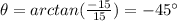 \theta =arctan(\frac{-15}{15} )=-45^{\circ}