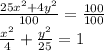 \frac{25x^{2} +4y^{2} }{100} =\frac{100}{100} \\\frac{x^{2} }{4} +\frac{y^{2} }{25} =1
