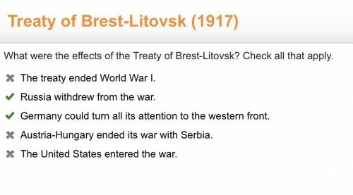 What were the effects of the Treaty of Brest-Litovsk? Check all that apply. The treaty ended World W