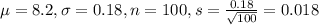 \mu = 8.2, \sigma = 0.18, n = 100, s = \frac{0.18}{\sqrt{100}} = 0.018