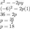 x^{2} =-2py\\(-6)^{2} =2p(1)\\36=2p\\p=\frac{36}{2}\\ p=18