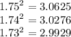 {1.75}^{2}  = 3.0625 \\  {1.74}^{2}  = 3.0276 \\  {1.73}^{2}  = 2.9929