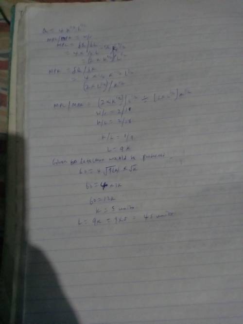 The production function for earthquake detectors (Q) is given as follows: Q = 4K1/2L1/2 where K is t