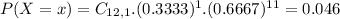 P(X = x) = C_{12,1}.(0.3333)^{1}.(0.6667)^{11} = 0.046