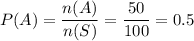 P(A)=\dfrac{n(A)}{n(S)} =\dfrac{50}{100}=0.5