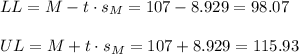 LL=M-t \cdot s_M = 107-8.929=98.07\\\\UL=M+t \cdot s_M = 107+8.929=115.93