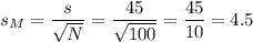 s_M=\dfrac{s}{\sqrt{N}}=\dfrac{45}{\sqrt{100}}=\dfrac{45}{10}=4.5