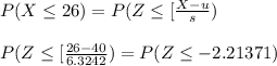 P ( X \leq  26 ) = P ( Z \leq  [ \frac{X - u }{s}  ) \\\\P ( Z \leq  [ \frac{ 26 - 40 }{6.3242}  ) = P ( Z \leq -2.21371 )