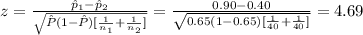 z=\frac{\hat p_{1}-\hat p_{2}}{\sqrt{\hat P(1-\hat P)[\frac{1}{n_{1}}+\frac{1}{n_{2}}]}}=\frac{0.90-0.40}{\sqrt{0.65(1-0.65)[\frac{1}{40}+\frac{1}{40}]}}=4.69