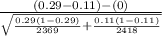 \frac{(0.29-0.11)-(0)}{\sqrt{\frac{0.29(1-0.29)}{2369}+ \frac{0.11(1-0.11)}{2418}} }