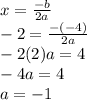 x=\frac{-b}{2a}\\-2=\frac{-(-4)}{2a}\\-2(2)a=4\\-4a=4\\a=-1