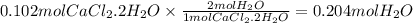 0.102molCaCl_2.2H_2O \times \frac{2molH_2O}{1molCaCl_2.2H_2O} = 0.204molH_2O