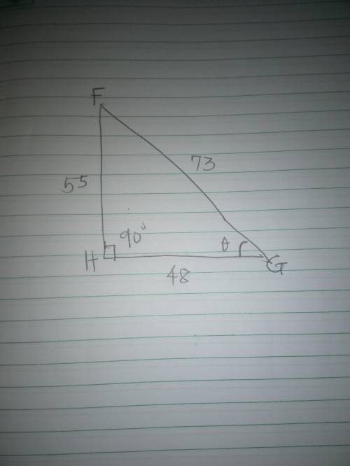 In ΔFGH, the measure of ∠H=90°, HG = 48, FH = 55, and GF = 73. What ratio represents the tangent of