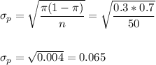 \sigma_p=\sqrt{\dfrac{\pi(1-\pi)}{n}}=\sqrt{\dfrac{0.3*0.7}{50}}\\\\\\ \sigma_p=\sqrt{0.004}=0.065