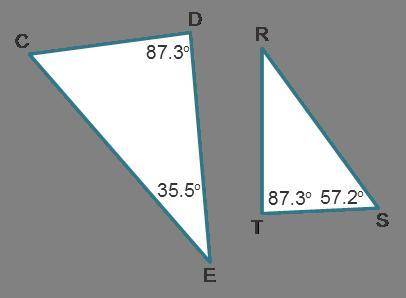 Consider the triangles. Triangle C D E. Angle C is blank, angle D is 87.3 degrees, angle E is 35.5 d