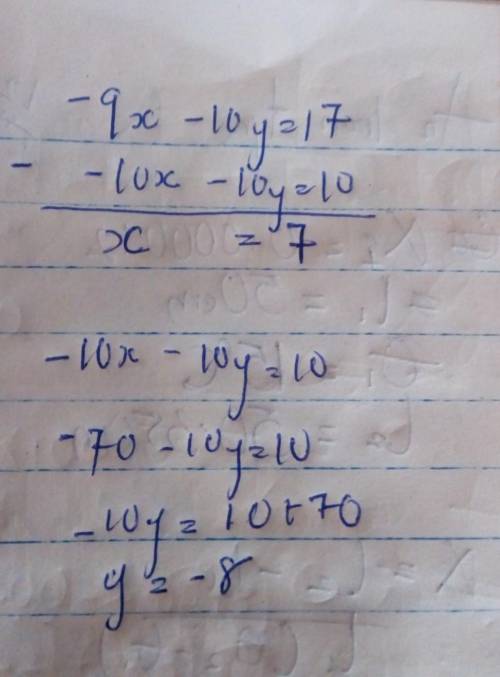 Solve the system of linear equations using elimination. −9x − 10y = 17 −10x − 10y = 10