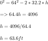 0^2 = 64^2 - 2*32.2*h\\\\= 64.4h = 4096\\\\h = 4096 / 64.4\\\\h = 63.6 ft