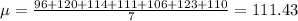 \mu=\frac{96+120+114+111+106+123+110}{7}=111.43