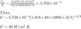 \frac{C_f}{2} = \frac{(0.075/2)/(0.2)^2}{2*(1.018)(40)^2/2} = 5.756*10^{-4}\\\\Thus,\\h' = 5.756*10^{-4} (1.018*40*1009)*(0.7)^{-2/3}\\\\h' = 30 \ W/m^2.K
