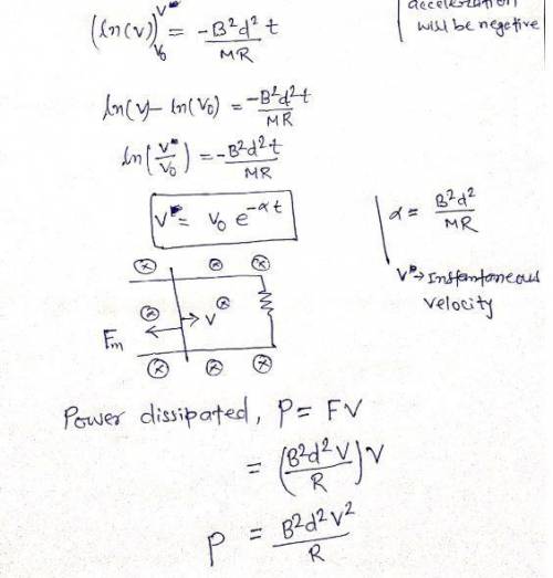 A conducting rod of mass M slides without friction to the right on conducting rails. The rails are d