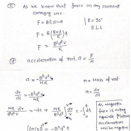 A conducting rod of mass M slides without friction to the right on conducting rails. The rails are d