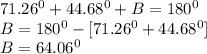 71.26^0+44.68^0+B=180^0\\B=180^0-[71.26^0+44.68^0]\\B=64.06^0