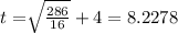 t = \sqrt[]{\frac{286}{16}}+4= 8.2278