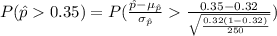 P(\hat p0.35)=P(\frac{\hat p-\mu_{\hat p}}{\sigma_{\hat p}}\frac{0.35-0.32}{\sqrt{\frac{0.32(1-0.32)}{250}}})