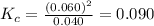 K_{c}=\frac{(0.060)^{2}}{0.040}=0.090