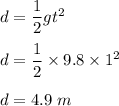 d=\dfrac{1}{2}gt^2\\\\d=\dfrac{1}{2}\times 9.8\times 1^2\\\\d=4.9\ m
