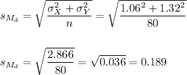 s_{M_d}=\sqrt{\dfrac{\sigma_X^2+\sigma_Y^2}{n}}=\sqrt{\dfrac{1.06^2+1.32^2}{80}}\\\\\\s_{M_d}=\sqrt{\dfrac{2.866}{80}}=\sqrt{0.036}=0.189