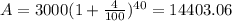 A=3000(1+\frac{4}{100})^{40}=14403.06