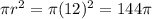 \pi r^2=\pi (12)^2=144\pi