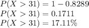 P(X  31) = 1 - 0.8289\\P(X  31) = 0.1711\\P(X  31) = 17.11 \%