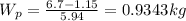 W_{p} =\frac{6.7-1.15}{5.94} =0.9343kg