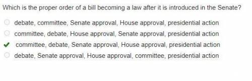Which is the proper order of a bill becoming a law after it is introduced in the Senate? O debate, c