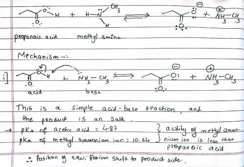 Draw a mechanism for the reaction of methylamine with propanoic acid. In the box to the left, draw a